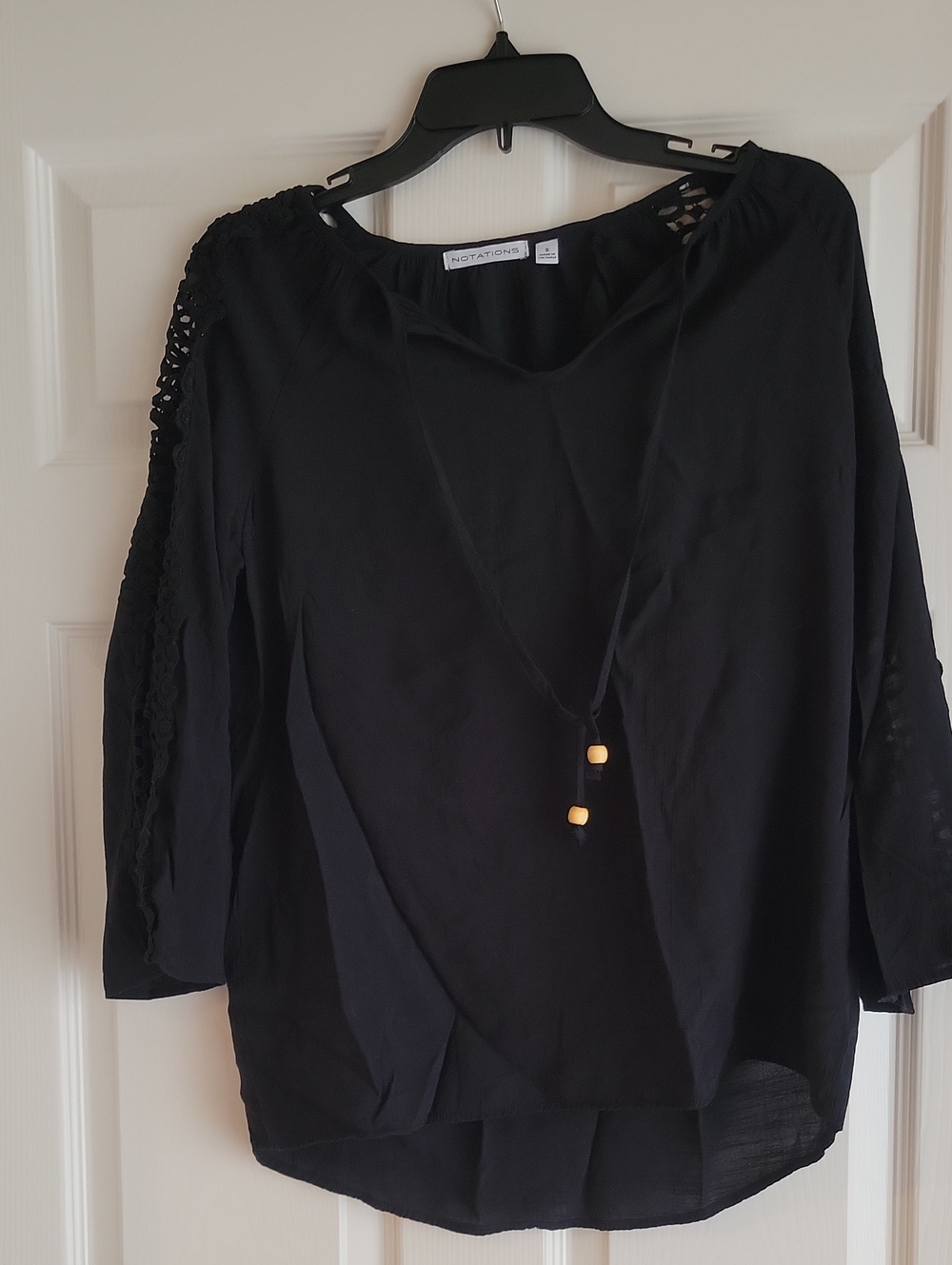 Notations Black Crochet-Trim Tie-Neck Blouse